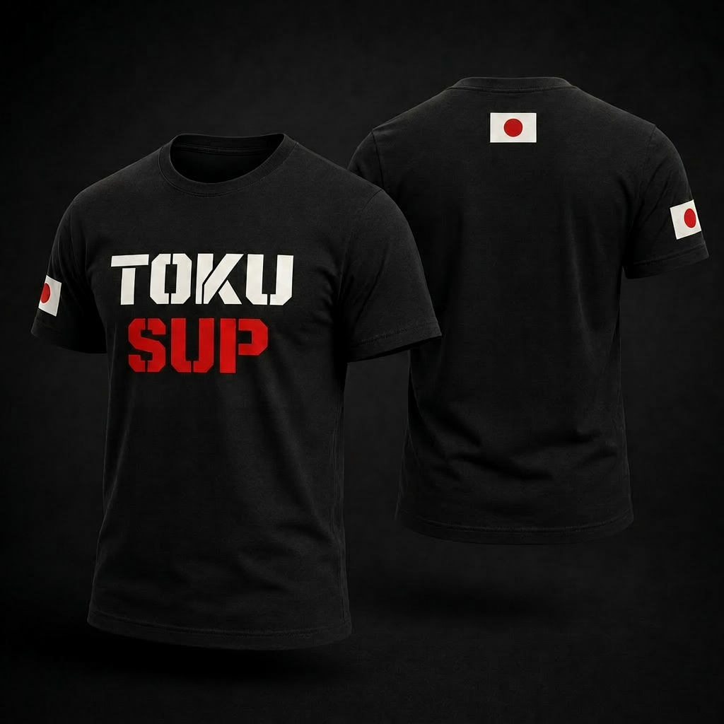 Black Toku Sup crew-neck tee, front and back: TOKU in white and SUP in red stencil lettering on the chest, Japanese flag patches on the sleeves and upper back